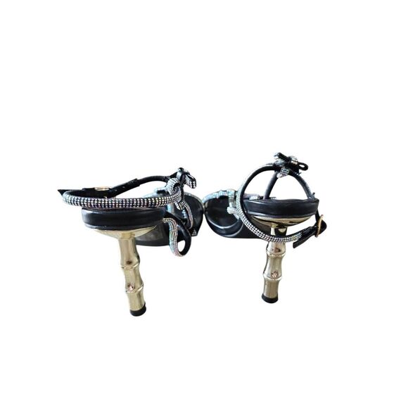 Chase & Chloe Sandals Rhinestone Ankle Strap in Black Gold Heel - Picture 6 of 9